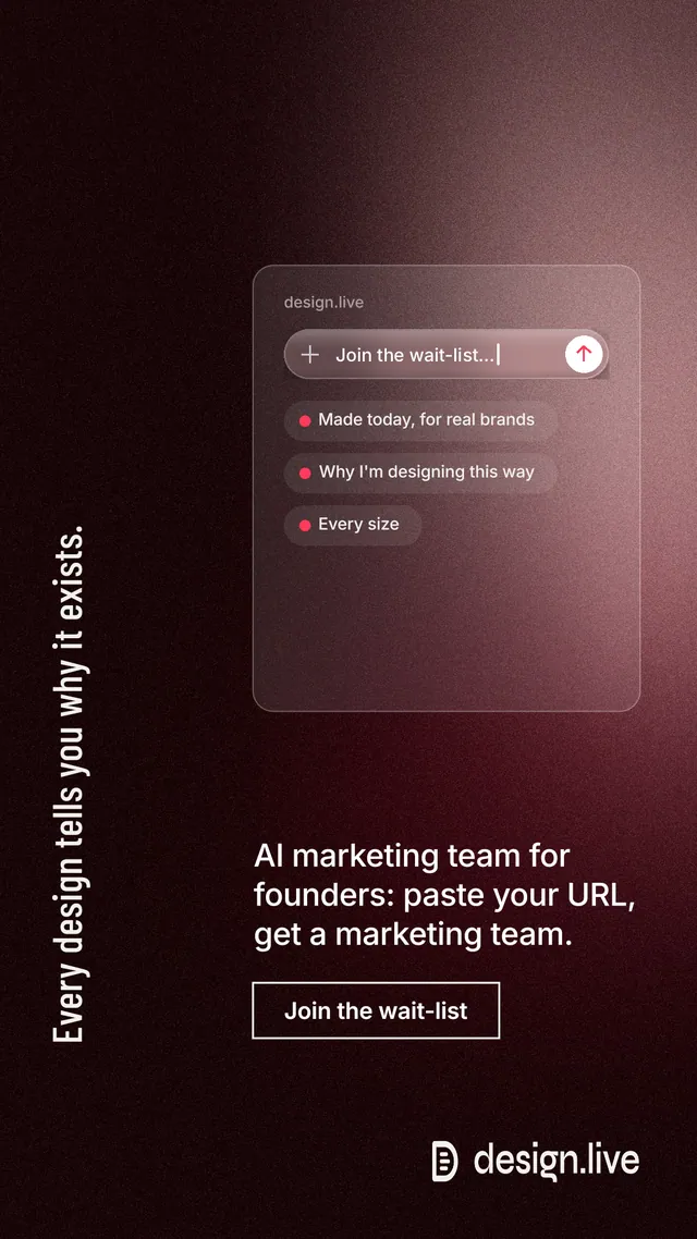 Instagram story for design.live: "Every design tells you why it exists." Dark deco style, vertical layout, dark palette in black, grey, red.