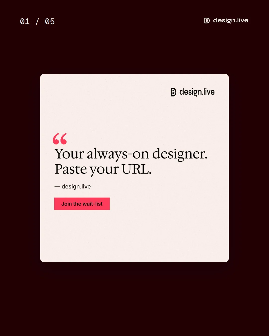 Video for design.live. Ad flipbook, 7.5 s, dark palette.
