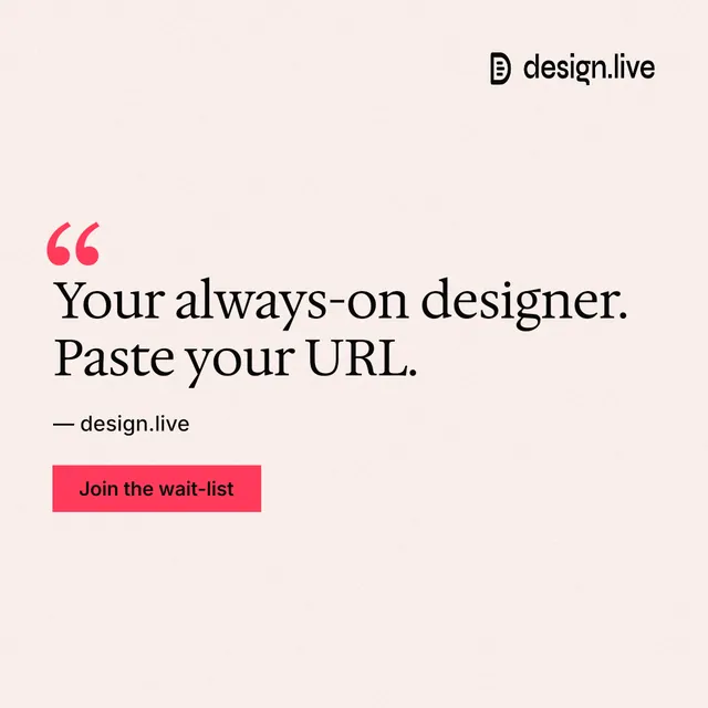 Instagram post for design.live: "Your always-on designer. Paste your URL." Swiss style, quote layout, light palette in white, red.