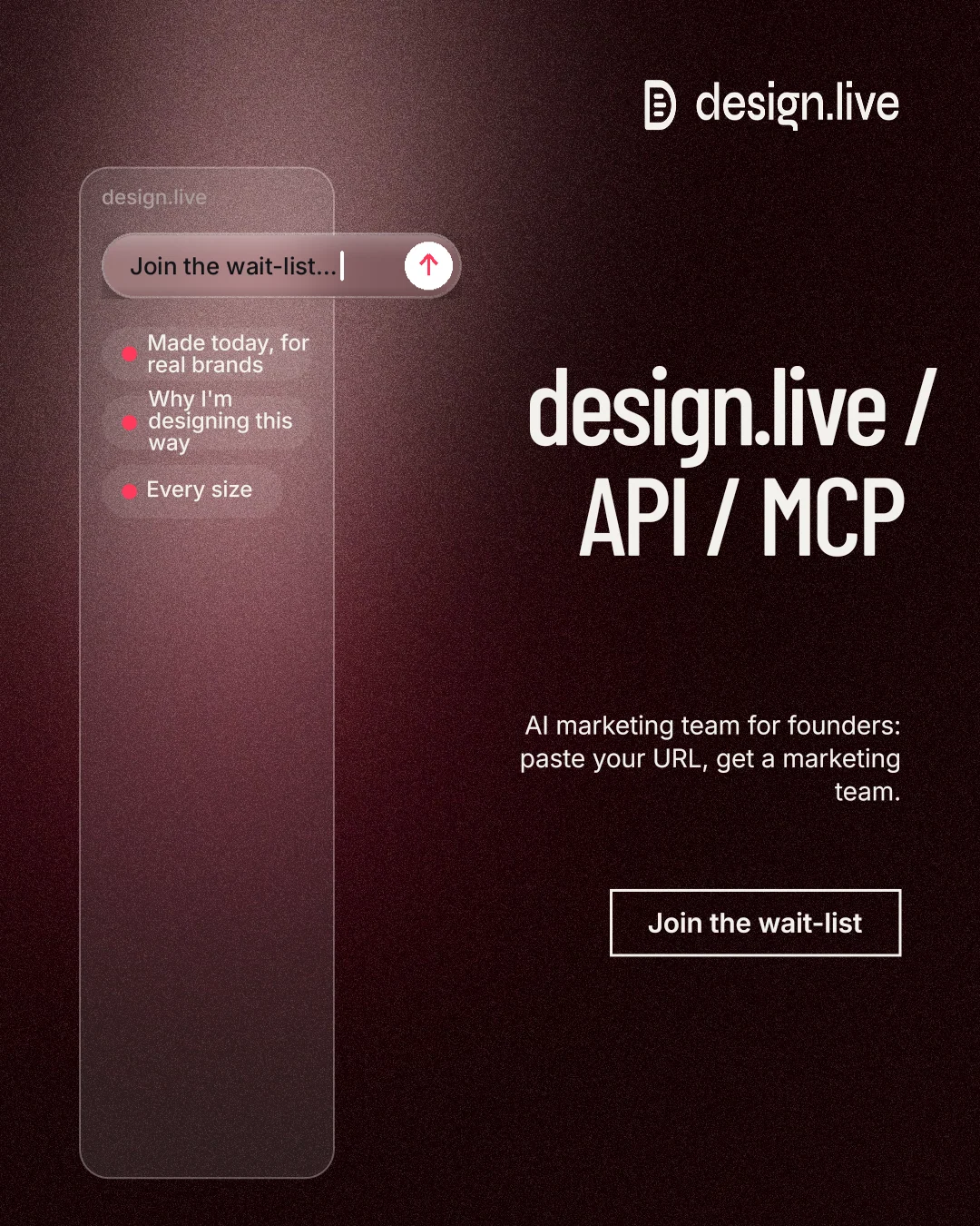 Instagram portrait post for design.live: "design.live / API / MCP". Dark deco style, right layout, dark palette in black, red, grey.