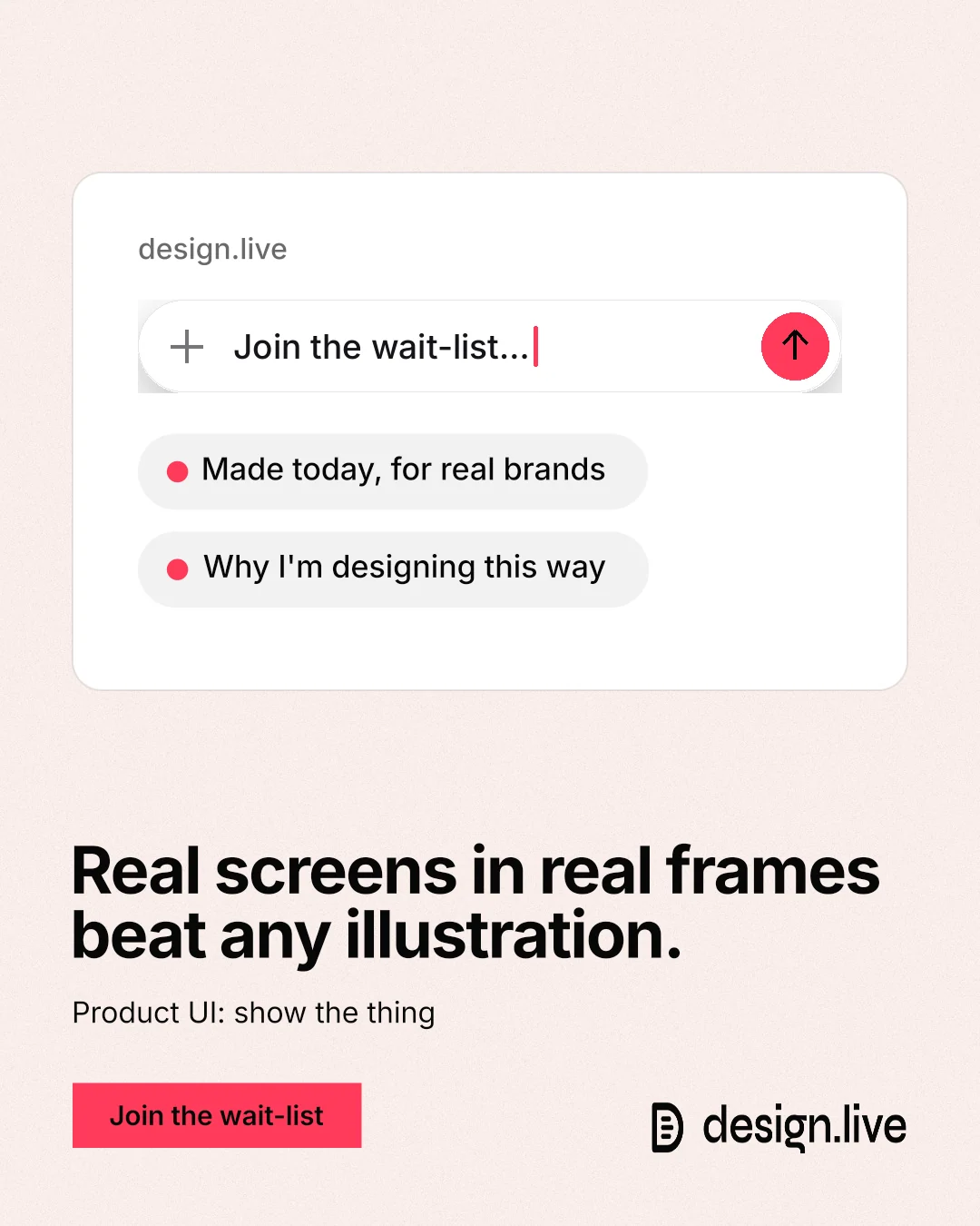 Instagram portrait post for design.live: "Real screens in real frames beat any illustration." Swiss style, bottom layout, light palette in white, red.
