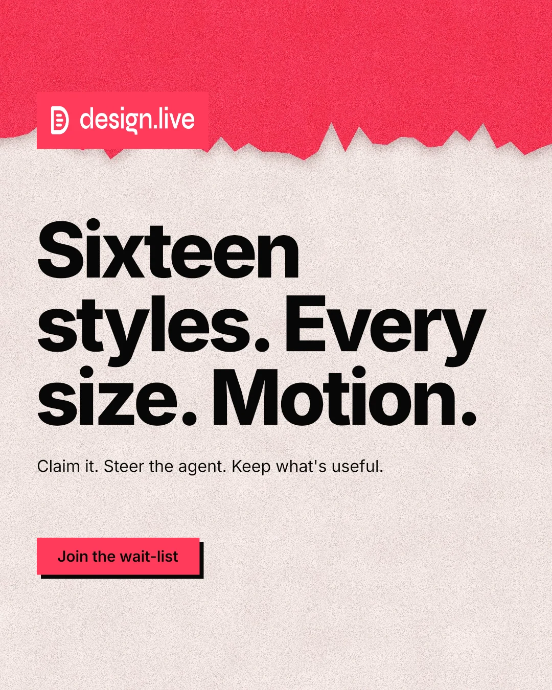 Instagram portrait post for design.live: "Sixteen styles. Every size. Motion." Paper trio style, announce layout, light palette in red, orange.