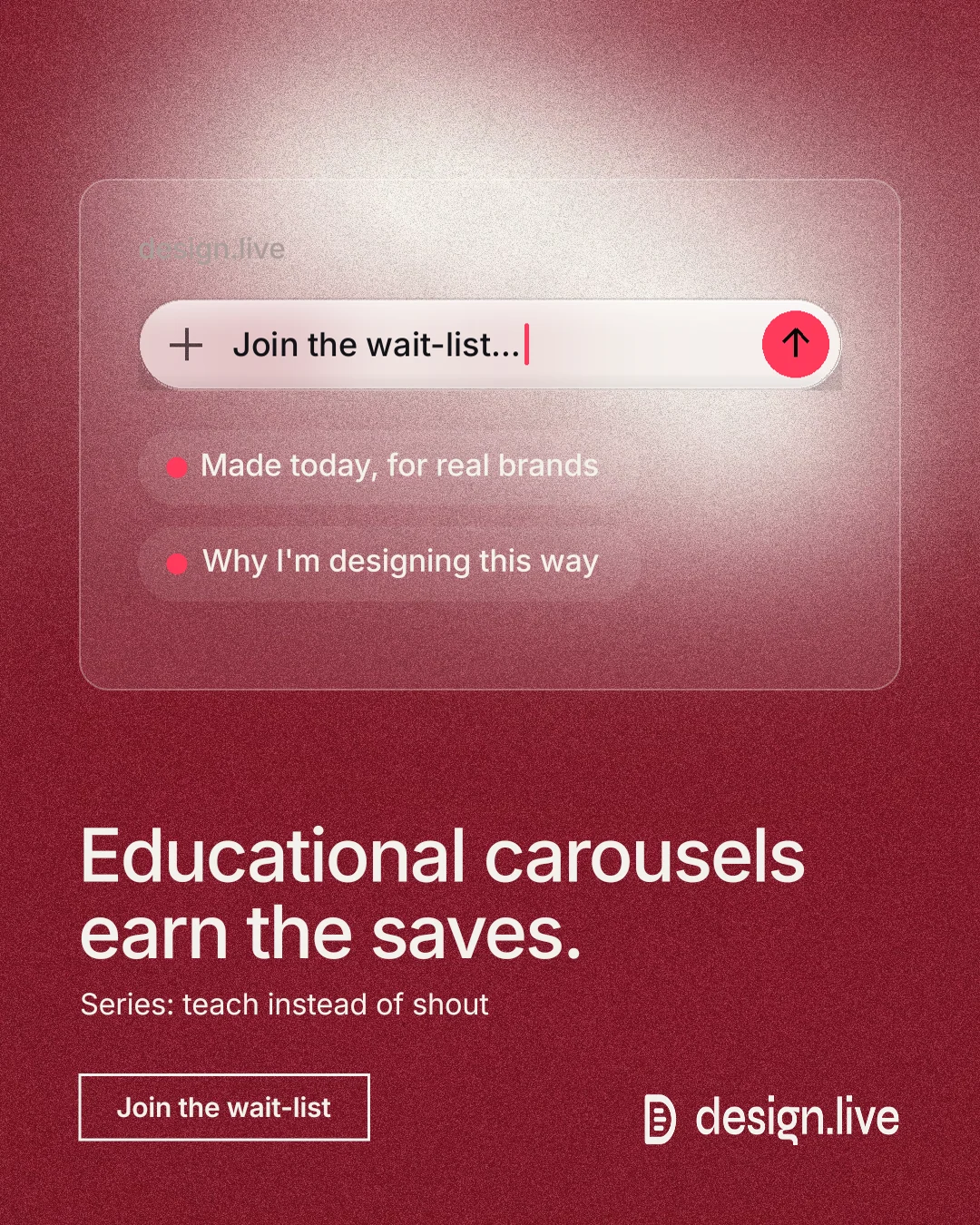 Instagram portrait post for design.live: "Educational carousels earn the saves." Cyanotype style, bottom layout, dark palette in red.