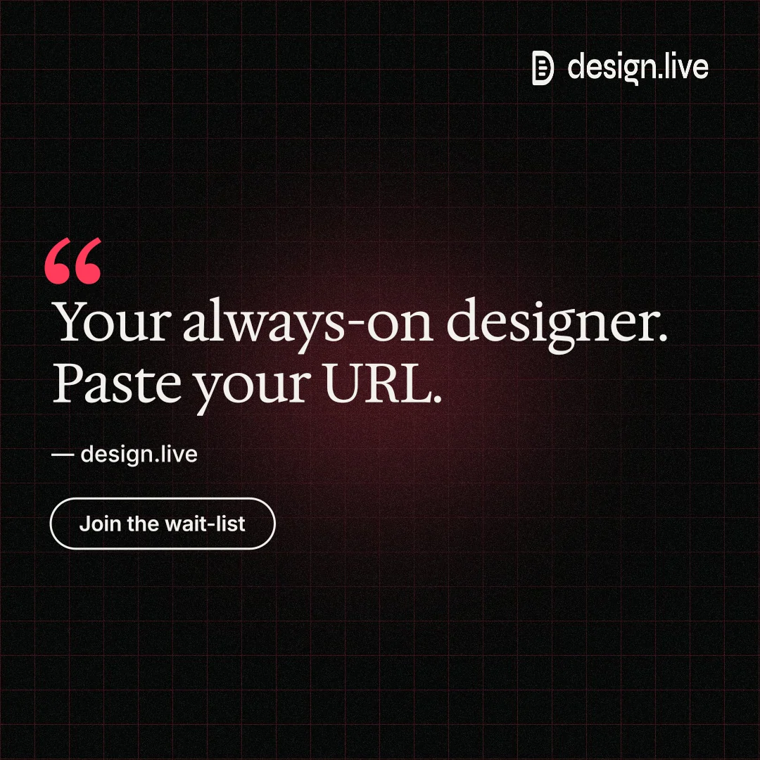 Instagram post for design.live: "Your always-on designer. Paste your URL." Phosphor atlas style, quote layout, dark palette in black.