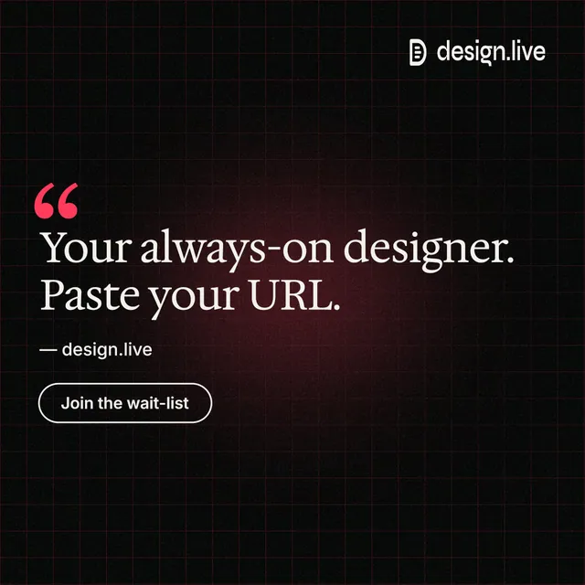 Instagram post for design.live: "Your always-on designer. Paste your URL." Phosphor atlas style, quote layout, dark palette in black.
