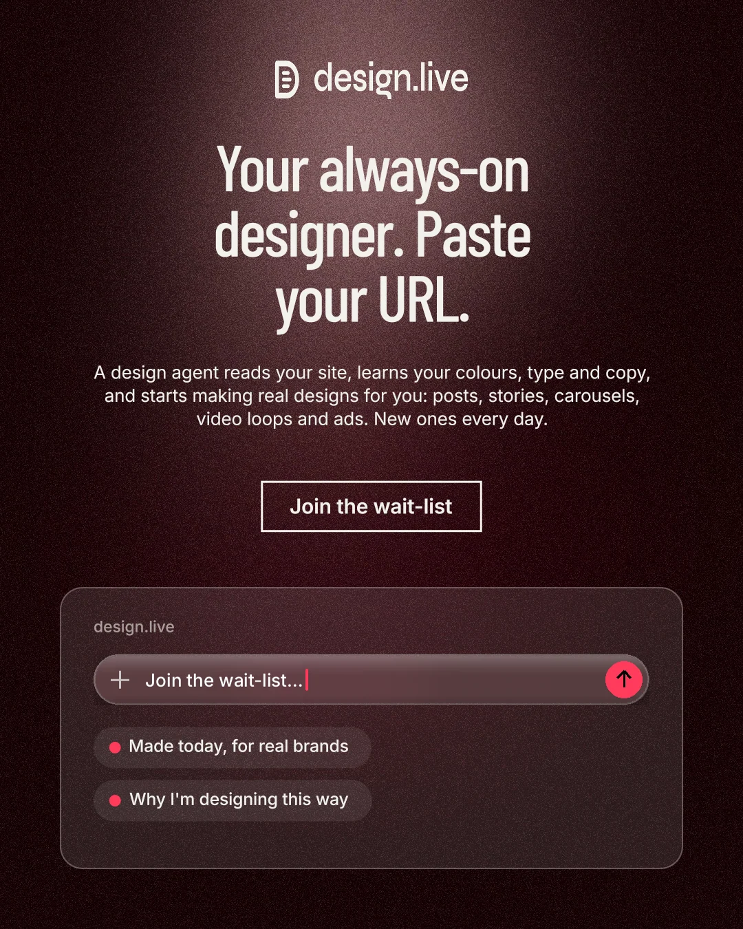 Instagram portrait post for design.live: "Your always-on designer. Paste your URL." Dark deco style, centred layout, dark palette in red, black, grey.
