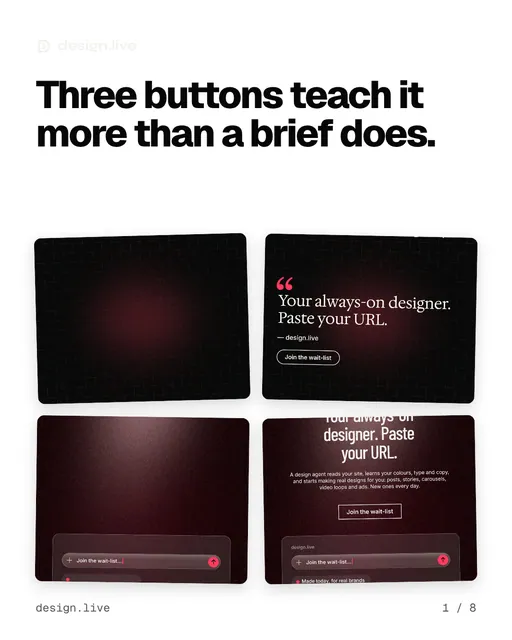 Carousel for design.live: "Three buttons teach it more than a brief does.". Collection carousel, 8 slides, light palette.