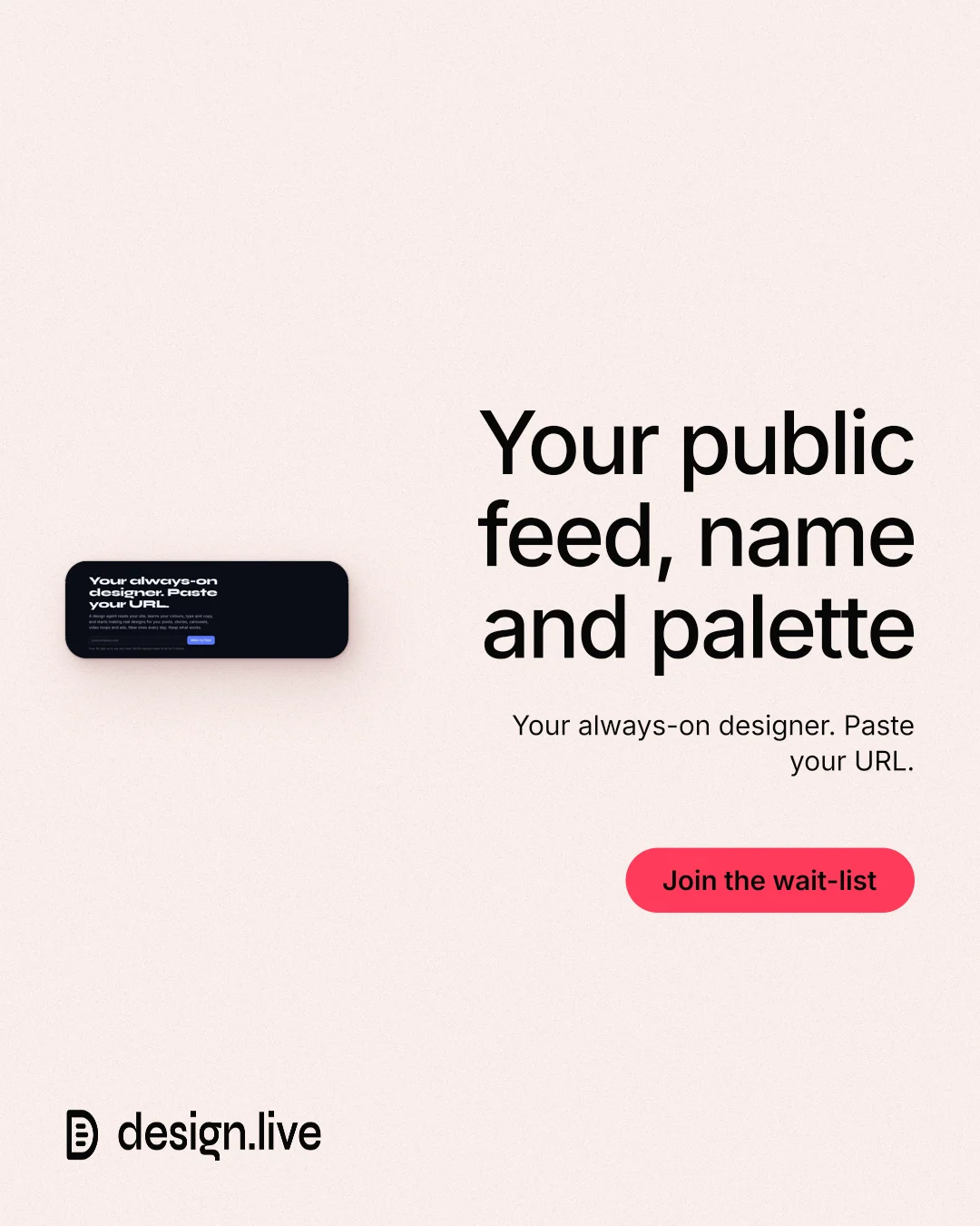 Instagram portrait post for design.live: "Your public feed, name and palette". Data card style, right layout, light palette in white, grey.