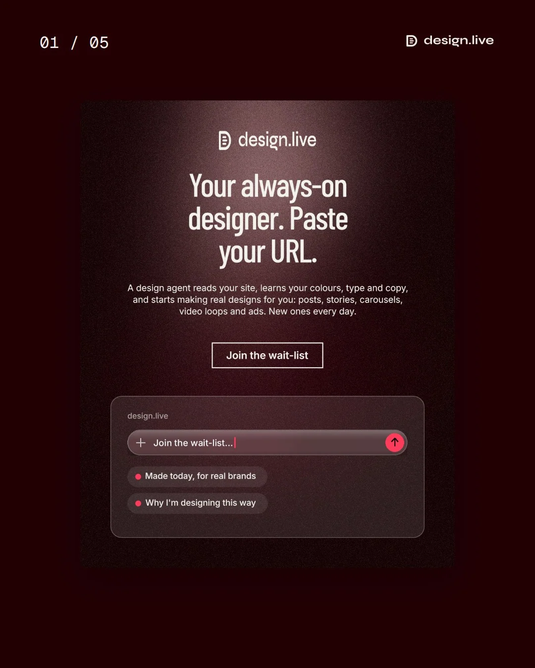 Video for design.live. Ad flipbook, 7.5 s, dark palette.