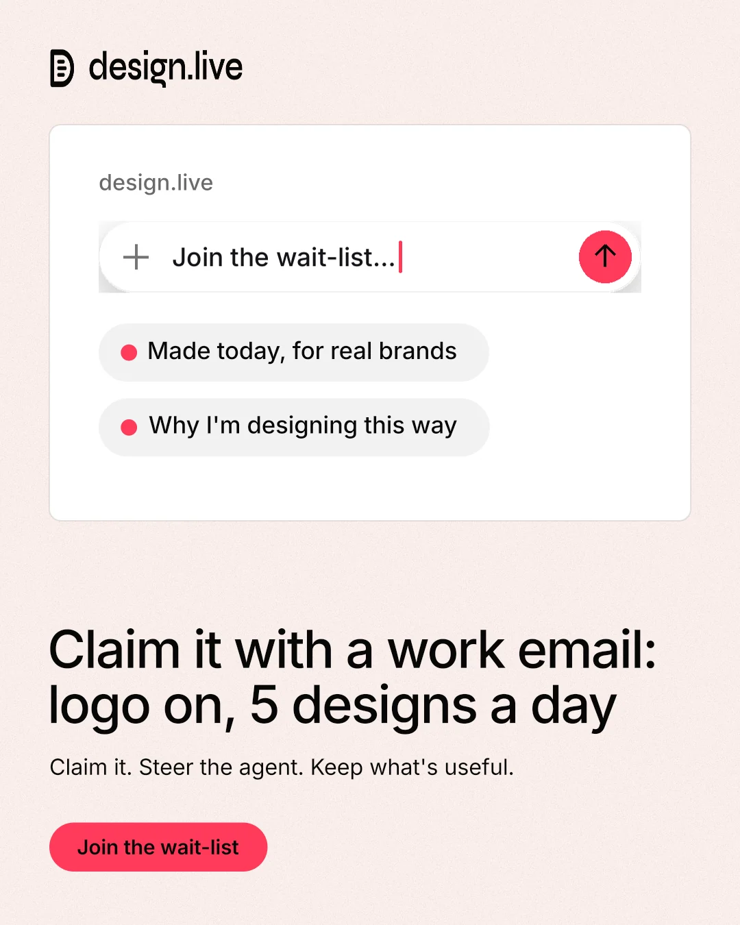 Instagram portrait post for design.live: "Claim it with a work email: logo on, 5 designs a day". Data card style, bottom layout, light palette in white, red.