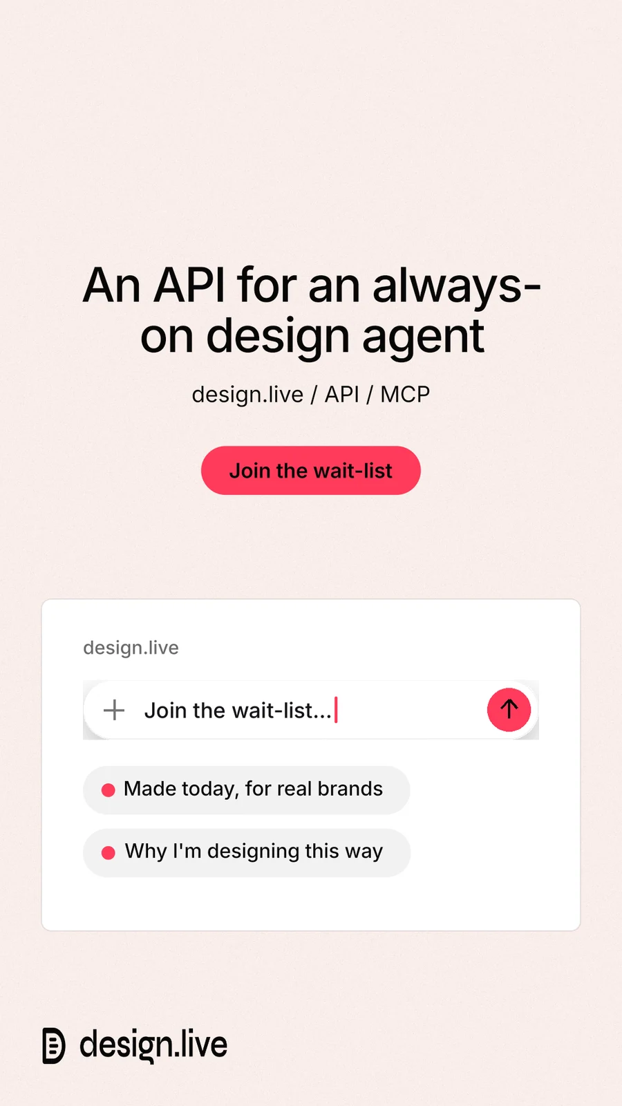 Instagram story for design.live: "An API for an always-on design agent". Data card style, centred layout, light palette in white, red.