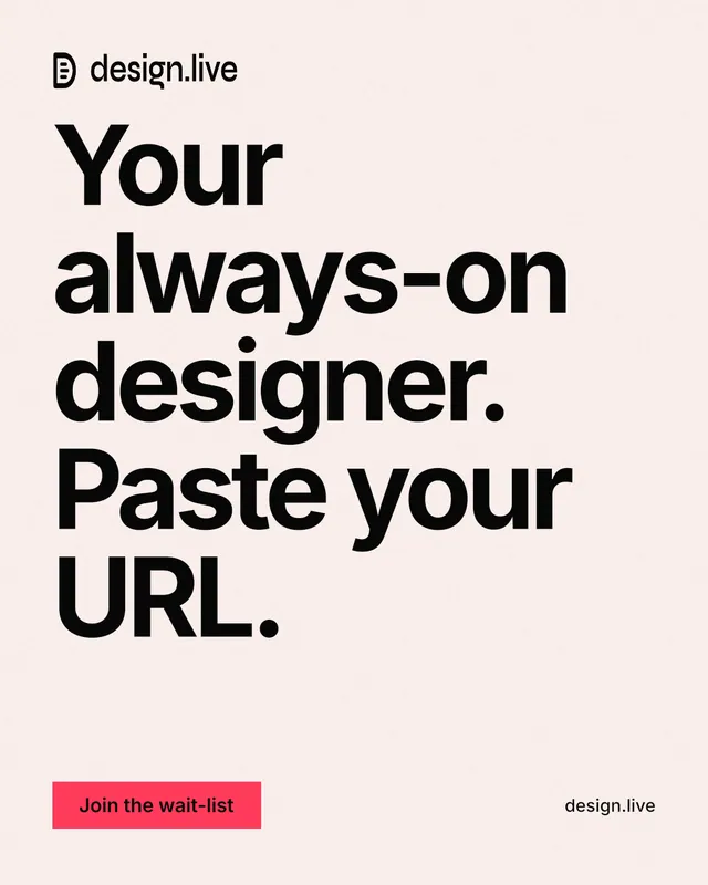 Instagram portrait post for design.live: "Your always-on designer. Paste your URL." Swiss style, poster layout, light palette in white, grey.