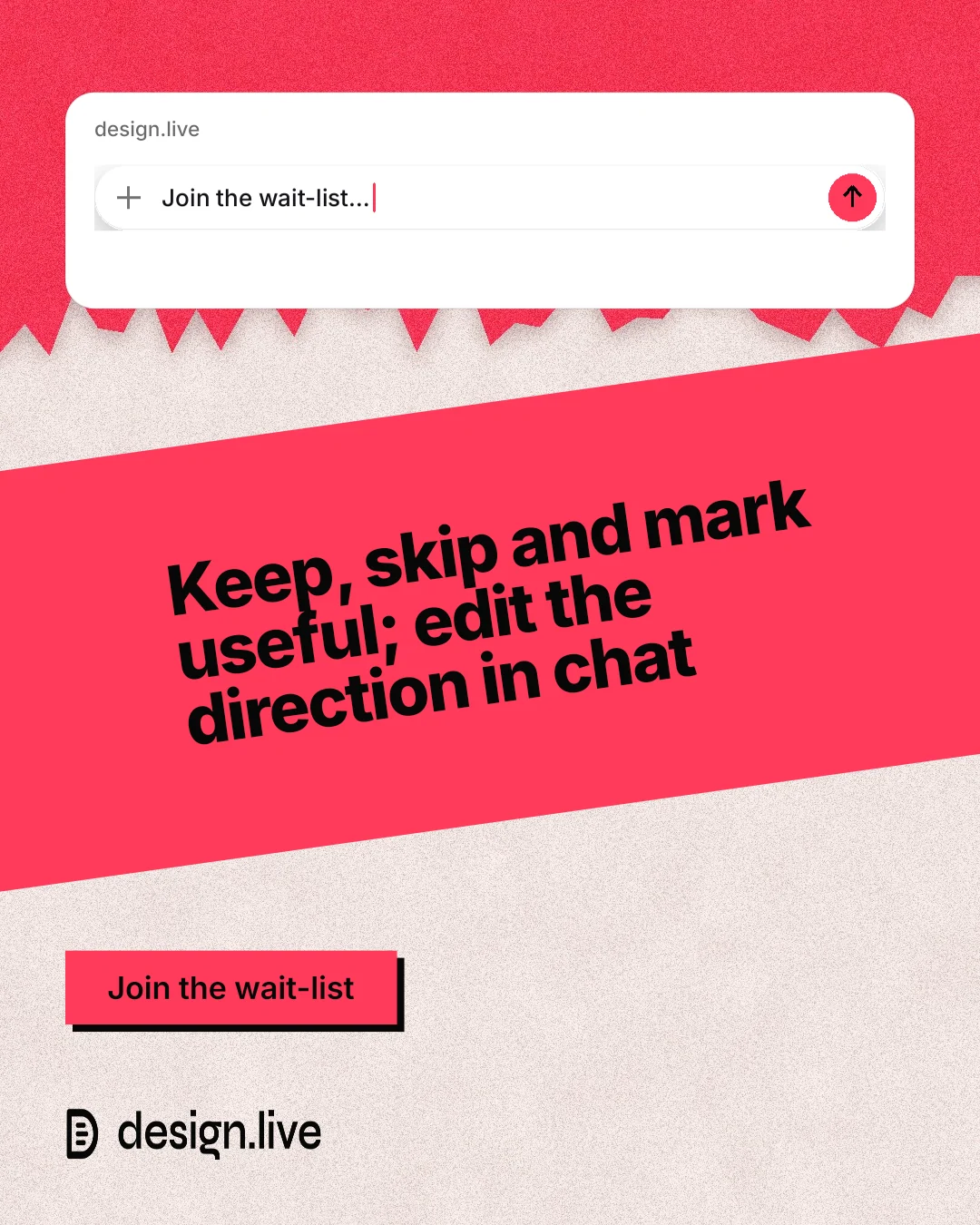 Instagram portrait post for design.live: "Keep, skip and mark useful; edit the direction in chat". Paper trio style, diagonal layout, light palette in red, white.
