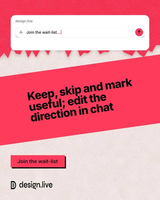 Instagram portrait post for design.live: "Keep, skip and mark useful; edit the direction in chat". Paper trio style, diagonal layout, light palette in red, white.