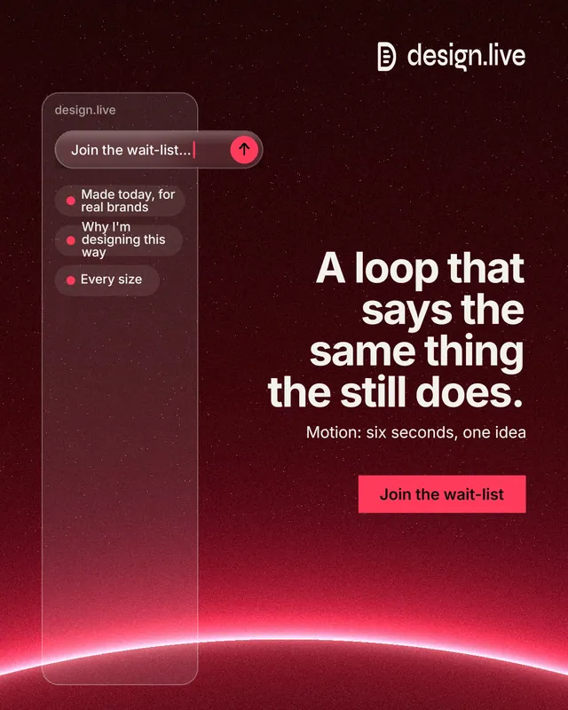 Instagram portrait post for design.live: "A loop that says the same thing the still does." Swiss style, right layout, dark palette in black, red.