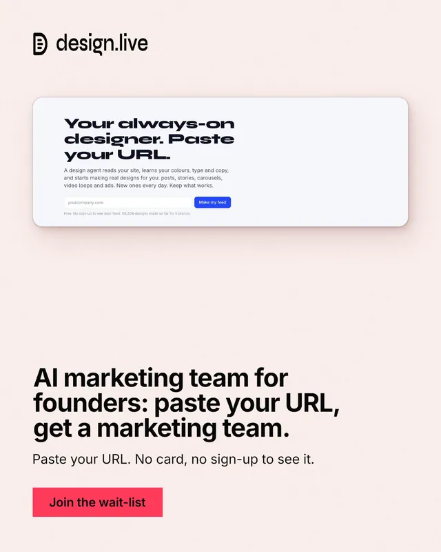 Instagram portrait post for design.live: "AI marketing team for founders: paste your URL, get a marketing team." Swiss style, bottom layout, light palette in white, grey.