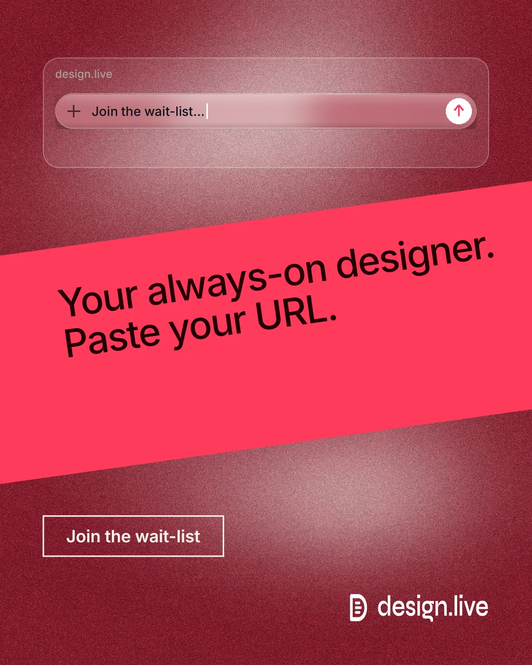 Instagram portrait post for design.live: "Your always-on designer. Paste your URL." Cyanotype style, diagonal layout, dark palette in red.