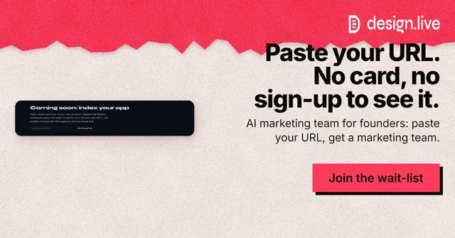 Social ad for design.live: "Paste your URL. No card, no sign-up to see it." Paper trio style, right layout, light palette in red, orange.
