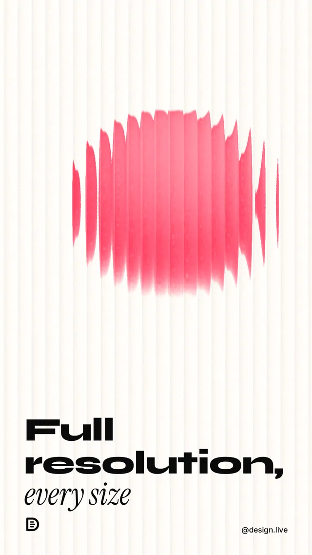 Instagram story for design.live: "Full resolution, every size". Auto 9x16 style, technique:shader field layout, light palette in white, red.