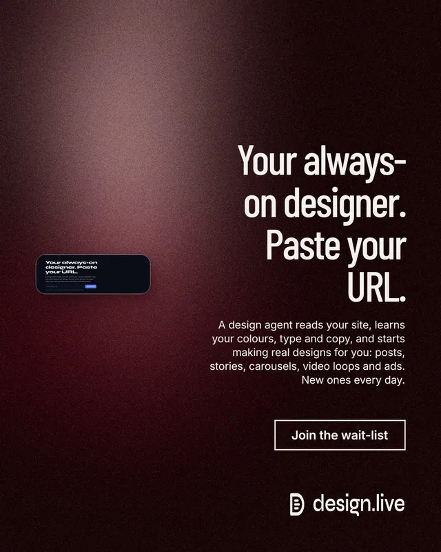 Instagram portrait post for design.live: "Your always-on designer. Paste your URL." Dark deco style, right layout, dark palette in black, red, grey.