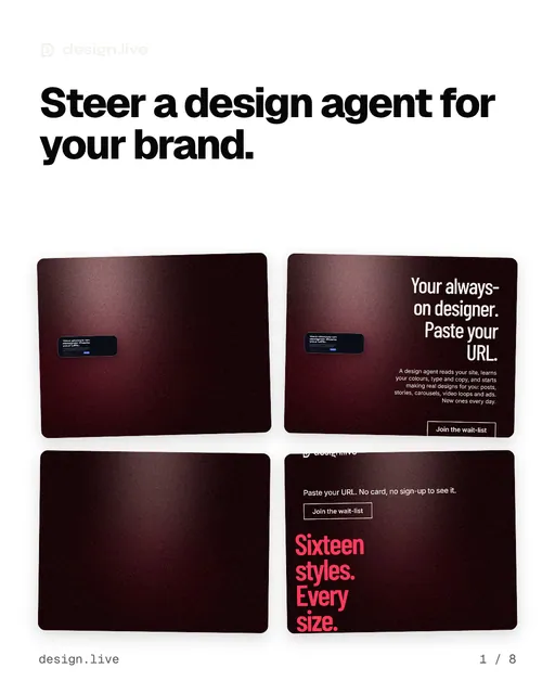 Carousel for design.live: "Steer a design agent for your brand.". Collection carousel, 8 slides, light palette.