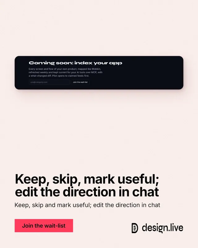 Instagram portrait post for design.live: "Keep, skip, mark useful; edit the direction in chat". Swiss style, bottom layout, light palette in white, grey.
