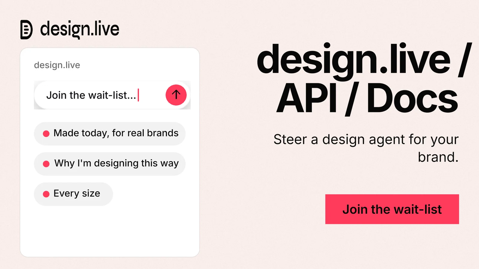 Landscape graphic for design.live: "design.live / API / Docs". Swiss style, right layout, light palette in white, red.