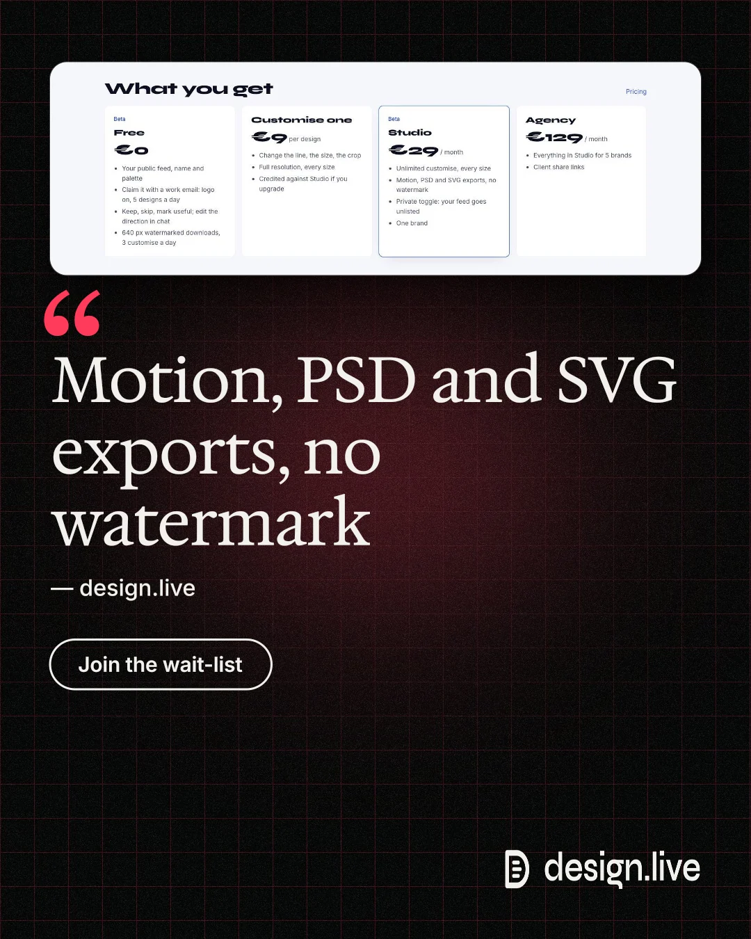 Instagram portrait post for design.live: "Motion, PSD and SVG exports, no watermark". Phosphor atlas style, quote layout, dark palette in black, red, white.