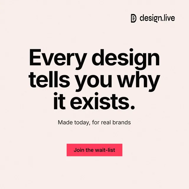 Instagram post for design.live: "Every design tells you why it exists." Swiss style, centred layout, light palette in white, grey.