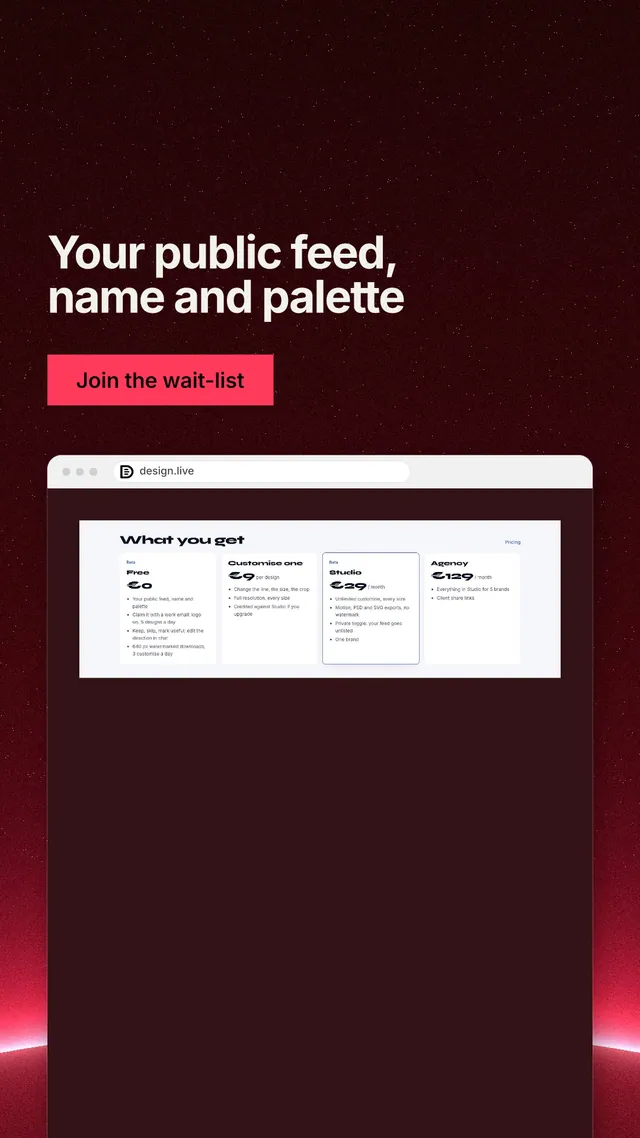 Instagram story for design.live: "Your public feed, name and palette". Swiss style, browser layout, dark palette in red, black, grey.