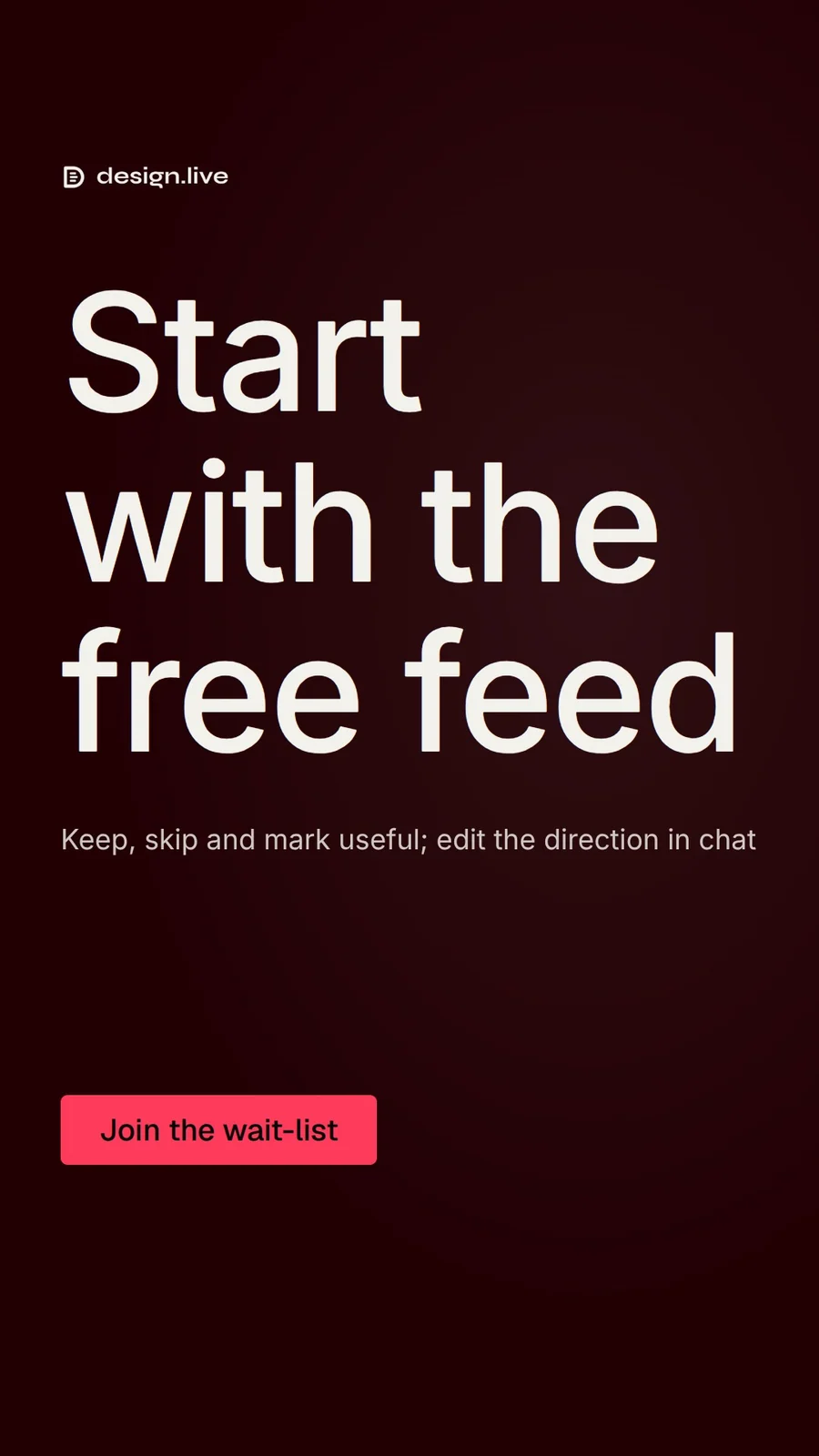 Video for design.live: "Start with the free feed". Doc motion loop, 7.0 s, dark palette.