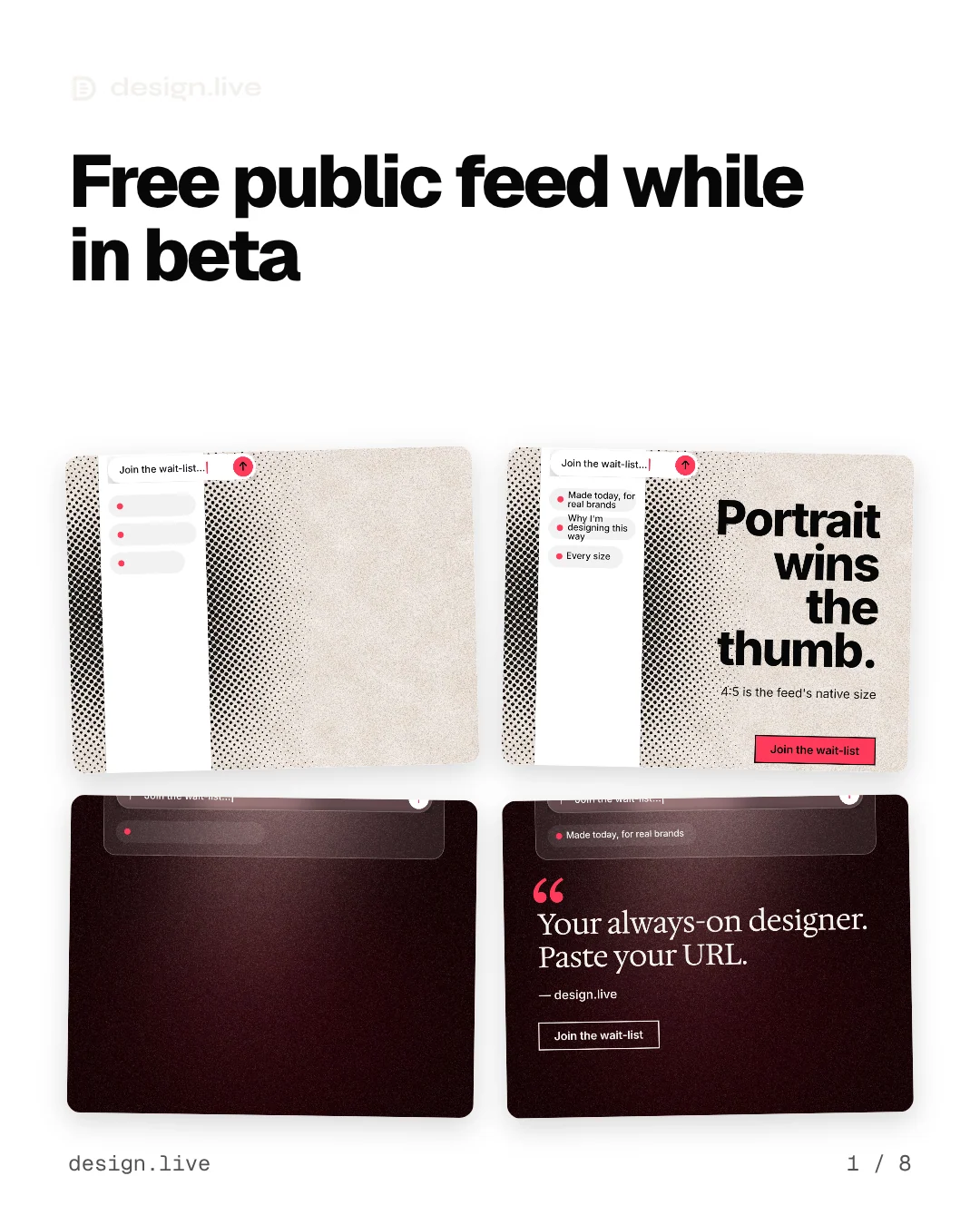 Carousel for design.live: "Free public feed while in beta". Collection carousel, 8 slides, light palette.