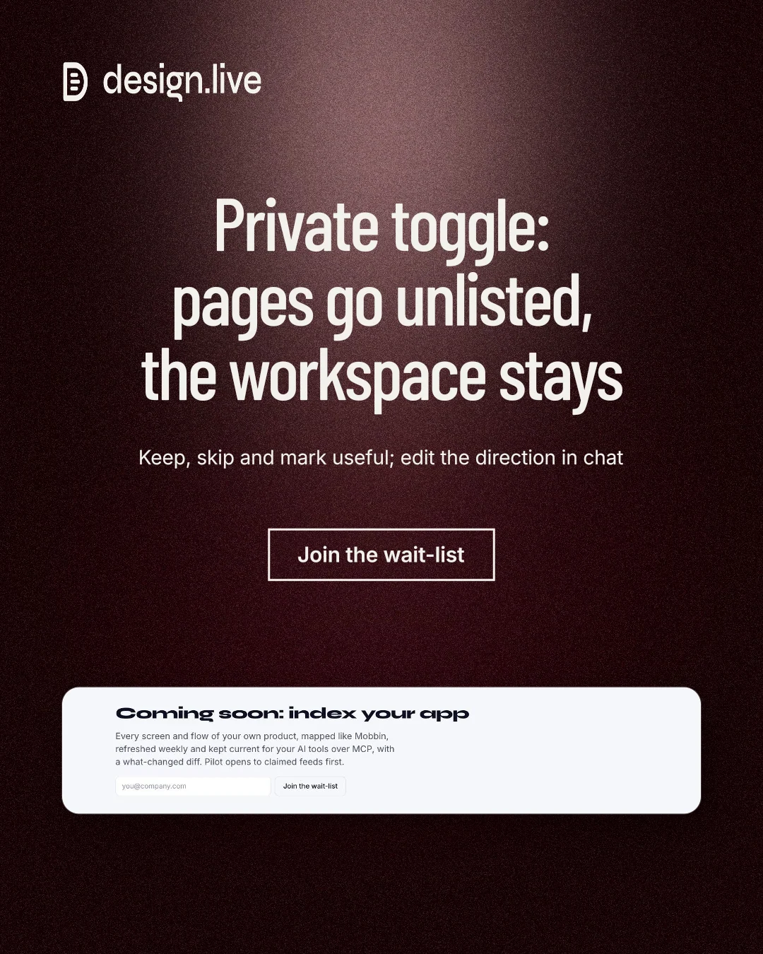 Instagram portrait post for design.live: "Private toggle: pages go unlisted, the workspace stays". Dark deco style, centred layout, dark palette in red, black, grey.