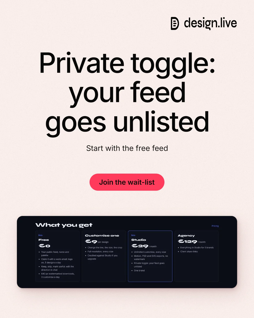 Instagram portrait post for design.live: "Private toggle: your feed goes unlisted". Data card style, centred layout, light palette in white, black, grey.