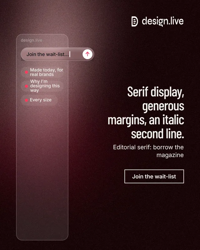 Instagram portrait post for design.live: "Serif display, generous margins, an italic second line." Dark deco style, right layout, dark palette in black, red, grey.