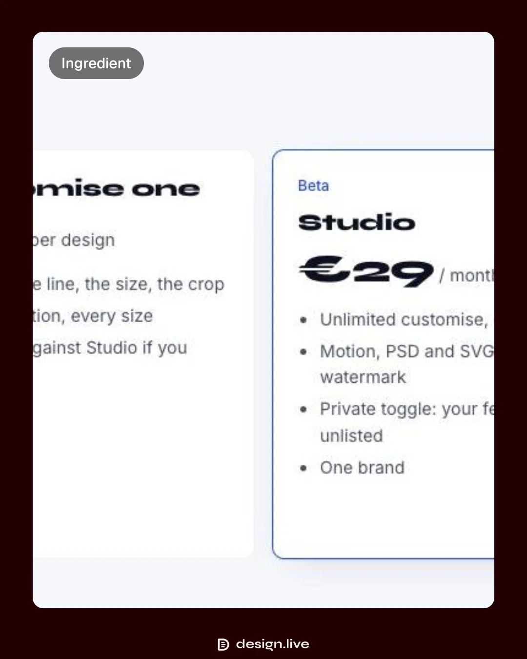 Video for design.live: "Motion, PSD and SVG exports, no watermark". Before after wipe, 6.0 s, light palette.