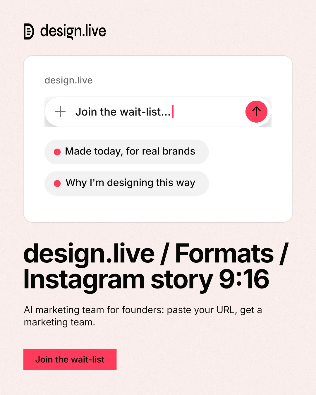Instagram portrait post for design.live: "design.live / Formats / Instagram story 9:16". Swiss style, bottom layout, light palette in white, grey.