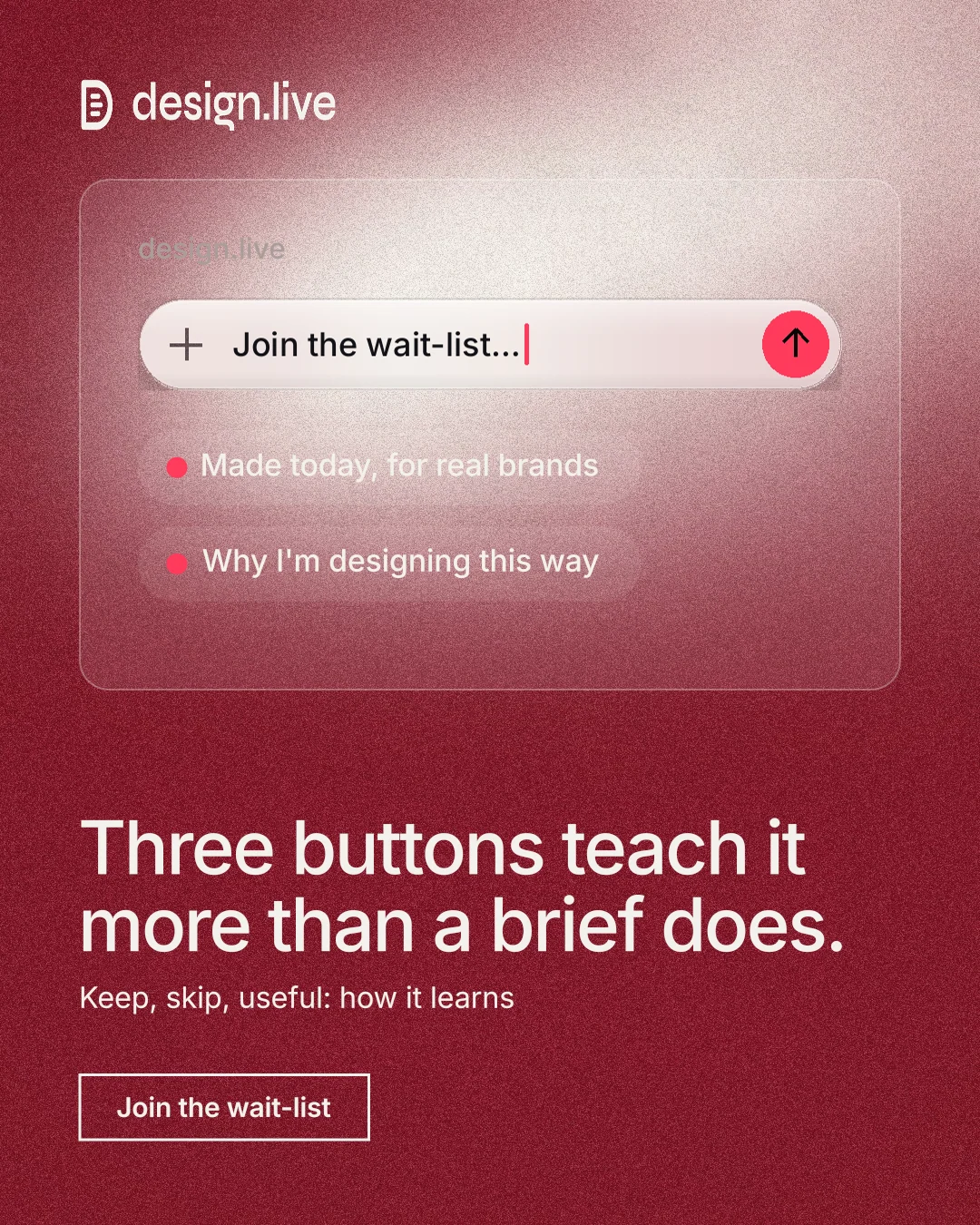Instagram portrait post for design.live: "Three buttons teach it more than a brief does." Cyanotype style, bottom layout, dark palette in red.