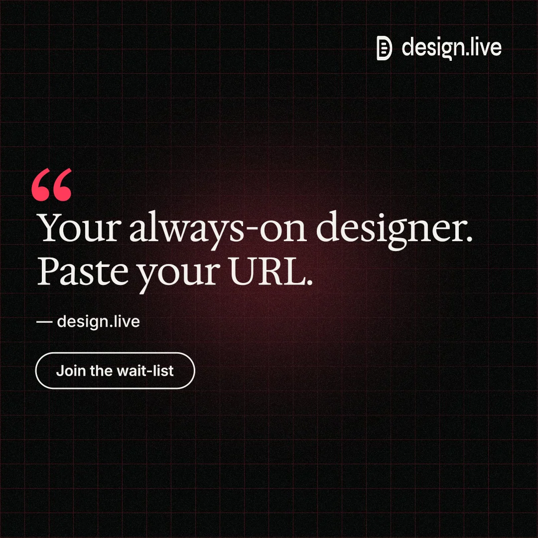 Instagram post for design.live: "Your always-on designer. Paste your URL." Phosphor atlas style, quote layout, dark palette in black.