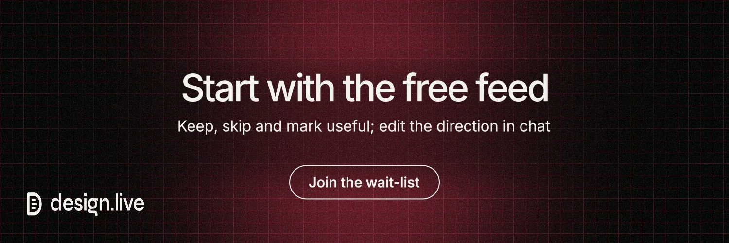 X header for design.live: "Start with the free feed". Phosphor atlas style, centred layout, dark palette in black, red, grey.