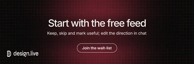 X header for design.live: "Start with the free feed". Phosphor atlas style, centred layout, dark palette in black, red, grey.