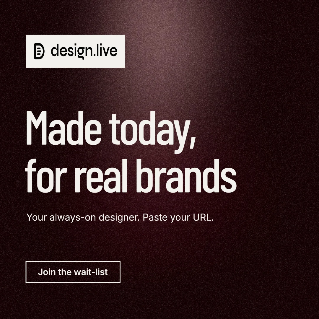 Instagram post for design.live: "Made today, for real brands". Dark deco style, announce layout, dark palette in black, grey.