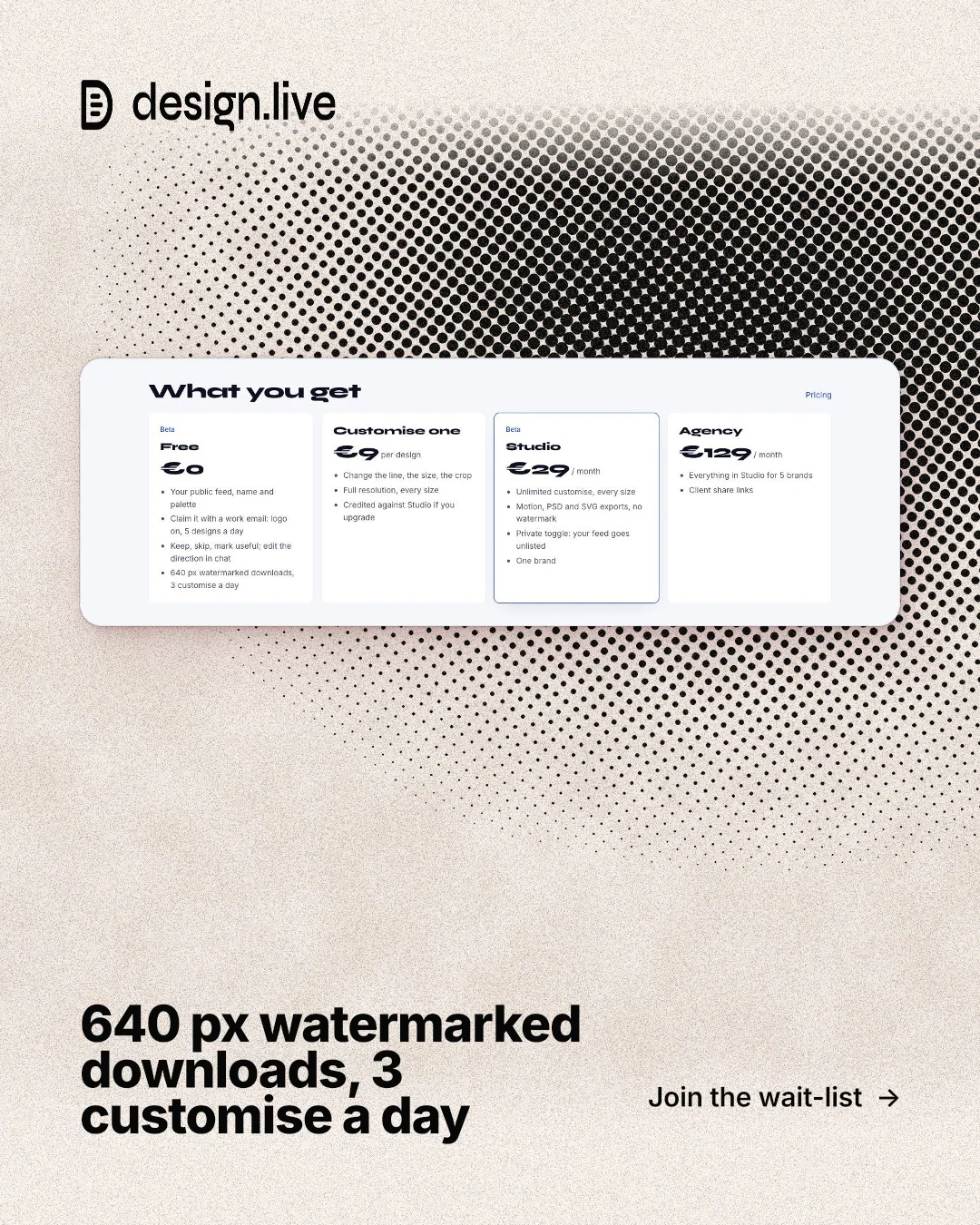 Instagram portrait post for design.live: "640 px watermarked downloads, 3 customise a day". Ink sticker style, image led layout, light palette in orange, grey, white.