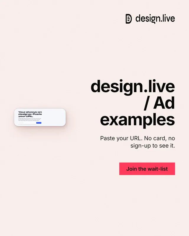 Instagram portrait post for design.live: "design.live / Ad examples". Swiss style, right layout, light palette in white, red.