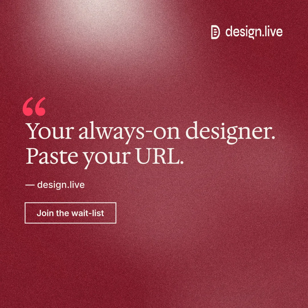 Instagram post for design.live: "Your always-on designer. Paste your URL." Cyanotype style, quote layout, dark palette in red.