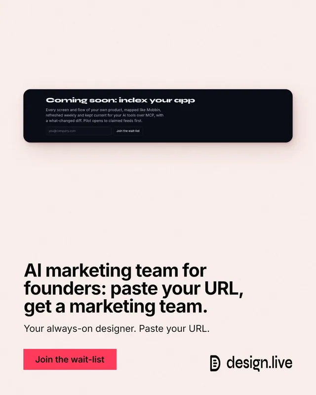 Instagram portrait post for design.live: "AI marketing team for founders: paste your URL, get a marketing team." Swiss style, bottom layout, light palette in white, grey.