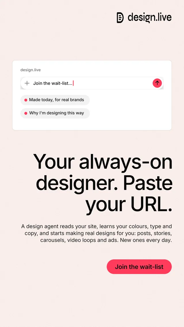 Instagram story for design.live: "Your always-on designer. Paste your URL." Data card style, right layout, light palette in white, red.