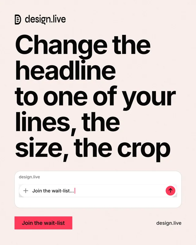 Instagram portrait post for design.live: "Change the headline to one of your lines, the size, the crop". Swiss style, poster layout, light palette in white, grey, orange.