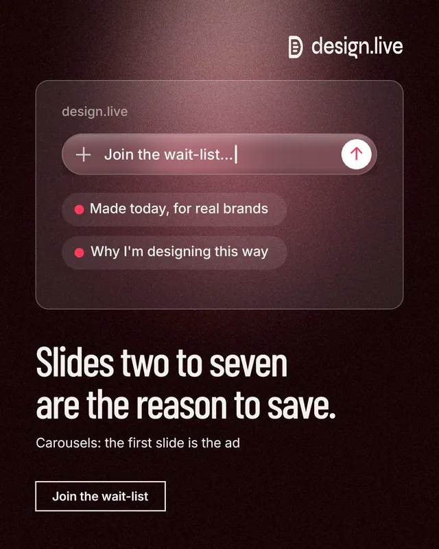 Instagram portrait post for design.live: "Slides two to seven are the reason to save." Dark deco style, bottom layout, dark palette in black, red, grey.
