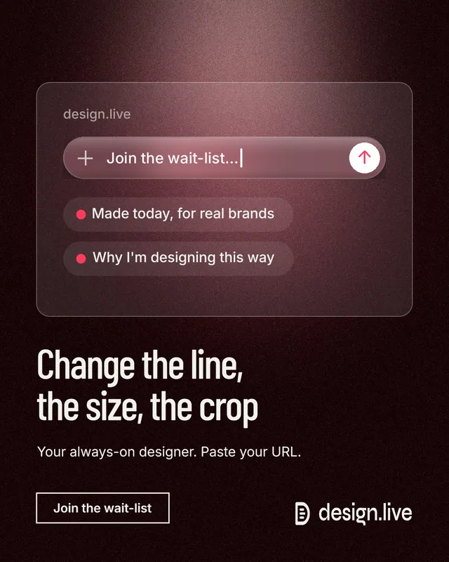 Instagram portrait post for design.live: "Change the line, the size, the crop". Dark deco style, bottom layout, dark palette in red, black, grey.